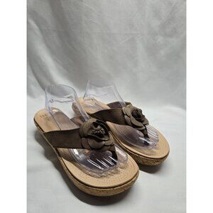Crocs Size 10 ALeigh Flower Leather Flip Flop Sandal Cork Platform Wedge Brown